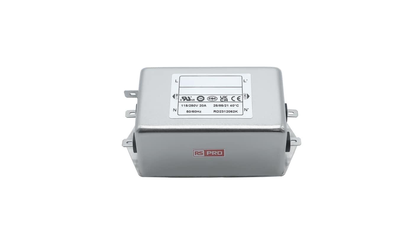 RS PRO EMIフィルタ,電源ラインフィルタ,ノイズフィルタ, 20A, 115 / 250 V ac, 1.相 シャーシーマウント