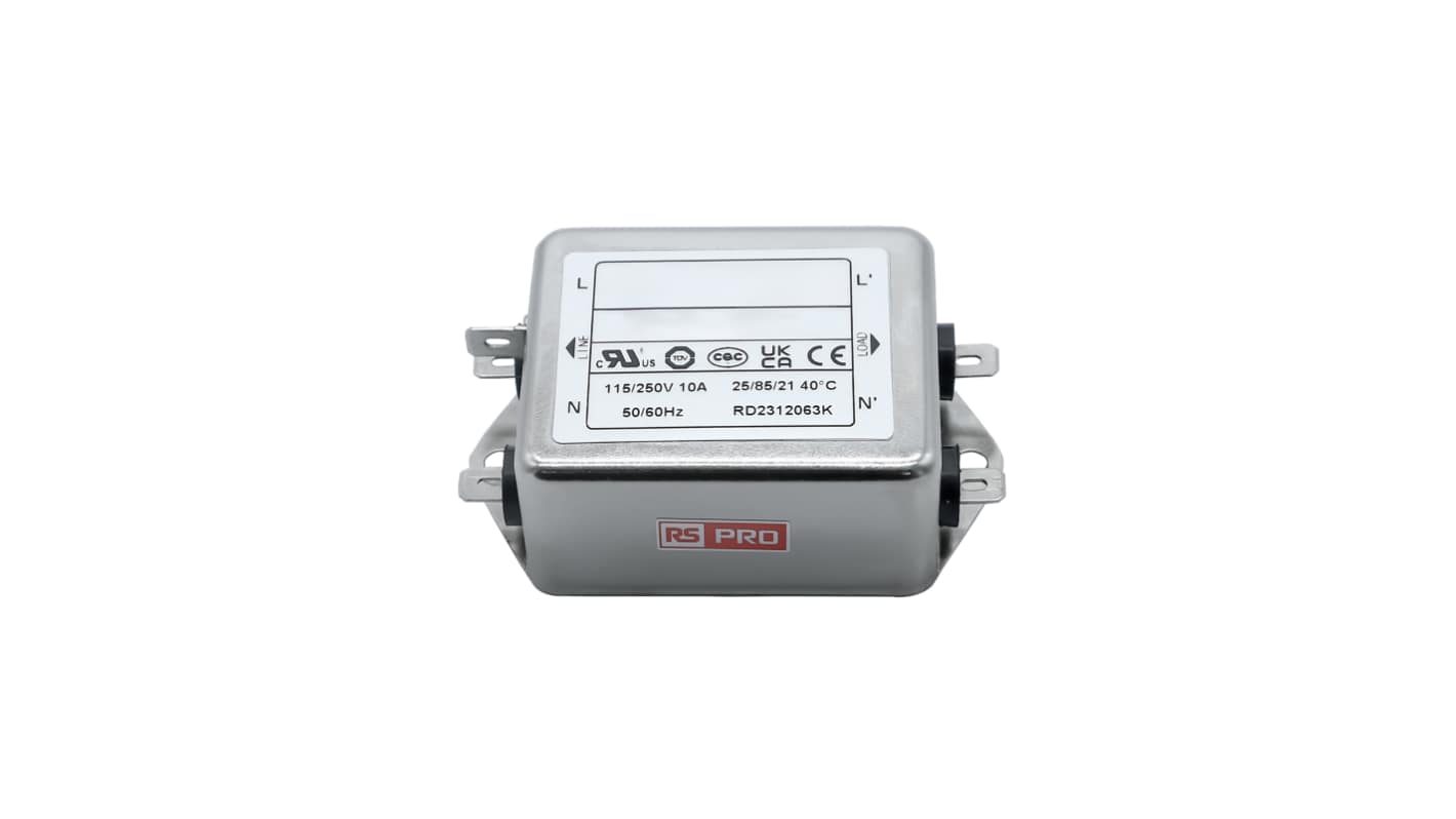 RS PRO 10A 115/250 V ac 50 → 60Hz, Chassis Mount Power Line Filter, Fast-On, Single Phase