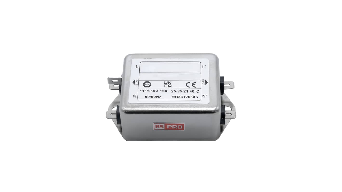 RS PRO EMIフィルタ,電源ラインフィルタ,ノイズフィルタ, 12A, 115 / 250 V ac, 1.相 シャーシーマウント