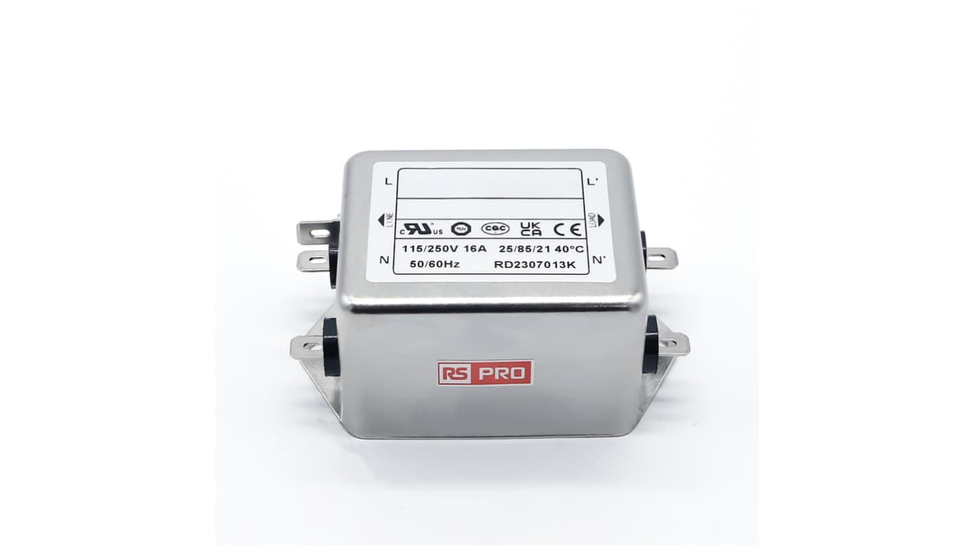 RS PRO 16A 115/250 V ac 50 → 60Hz, Chassis Mount Power Line Filter, Fast-On, Single Phase