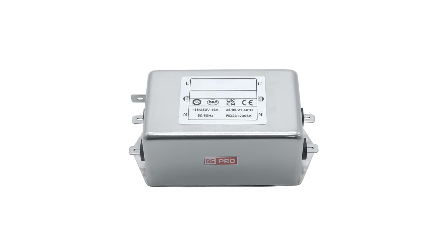 RS PRO 16A 115/250 V ac 50 → 60Hz, Chassis Mount Power Line Filter, Fast-On, Single Phase