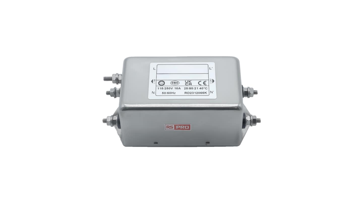 RS PRO EMIフィルタ,電源ラインフィルタ,ノイズフィルタ, 16A, 115 / 250 V ac, 1.相 シャーシーマウント