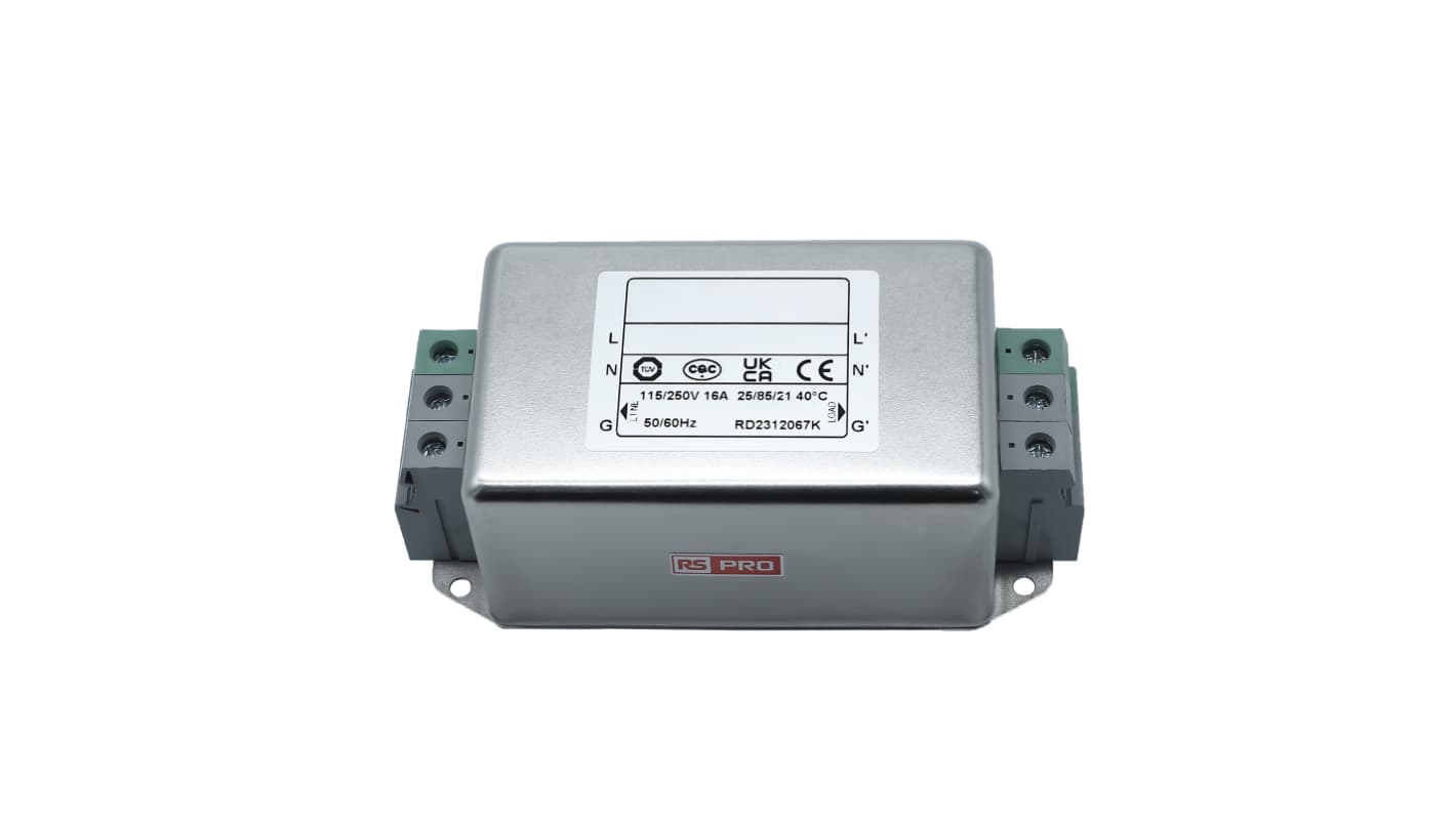 RS PRO 16A 115/250 V ac 50 → 60Hz, Chassis Mount Power Line Filter, Terminal Block, Single Phase