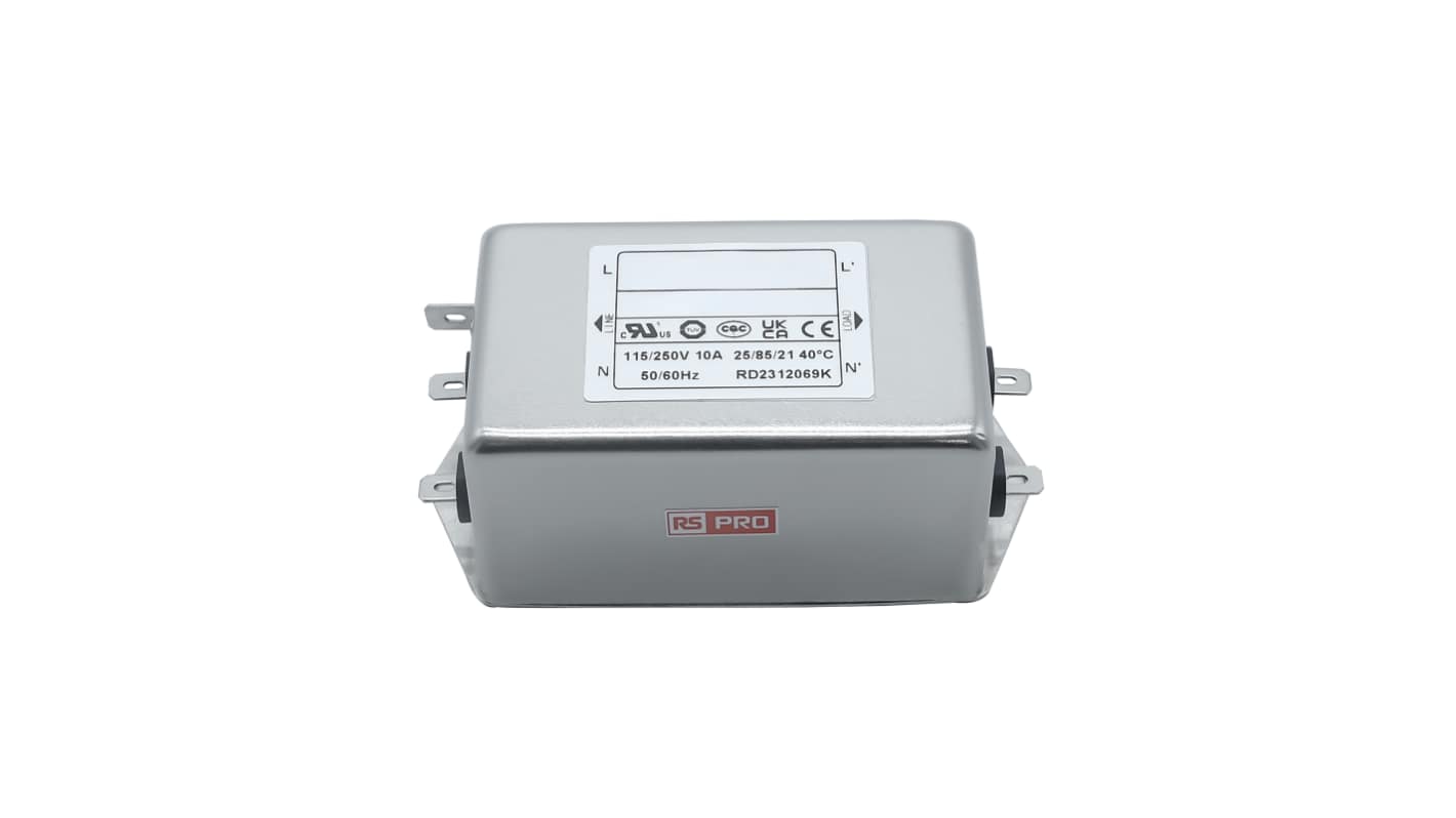 RS PRO EMIフィルタ,電源ラインフィルタ,ノイズフィルタ, 10A, 115 / 250 V ac, 1.相 シャーシーマウント