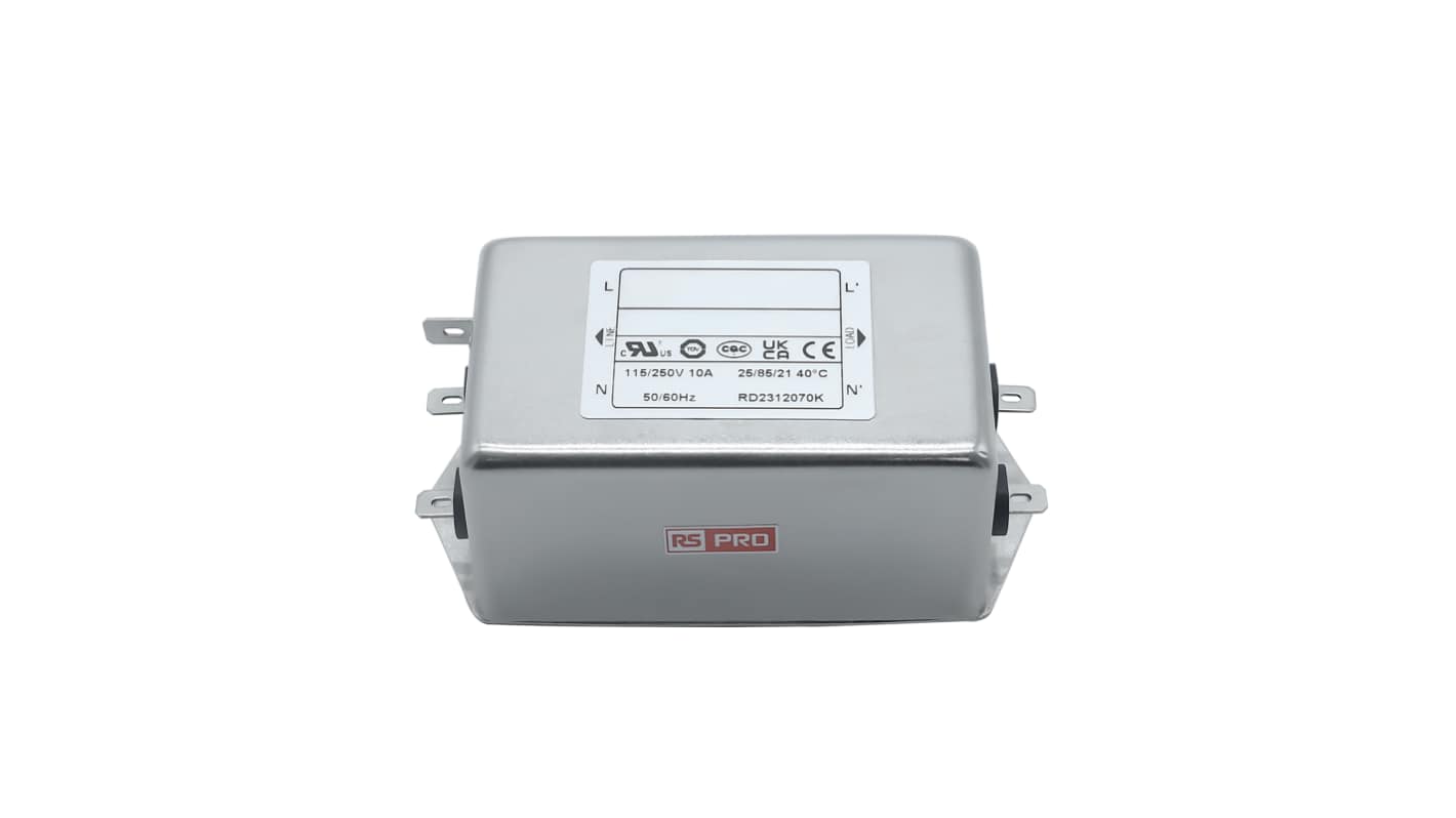 RS PRO 10A 115/250 V ac 50 → 60Hz, Chassis Mount Power Line Filter, Fast-On, Single Phase