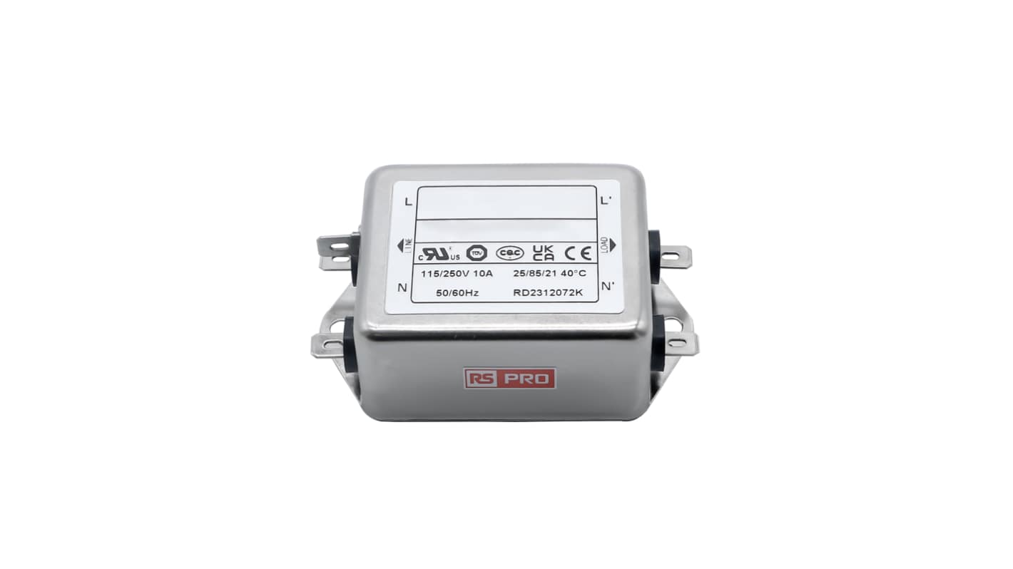 RS PRO 10A 115/250 V ac 50 → 60Hz, Chassis Mount Power Line Filter, Fast-On, Single Phase