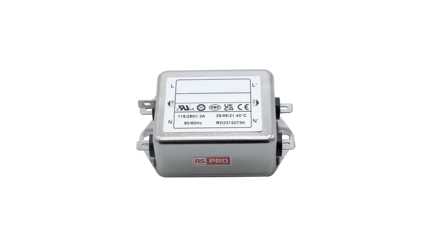 RS PRO 3A 115/250 V ac 50 → 60Hz, Chassis Mount Power Line Filter, Fast-On, Single Phase