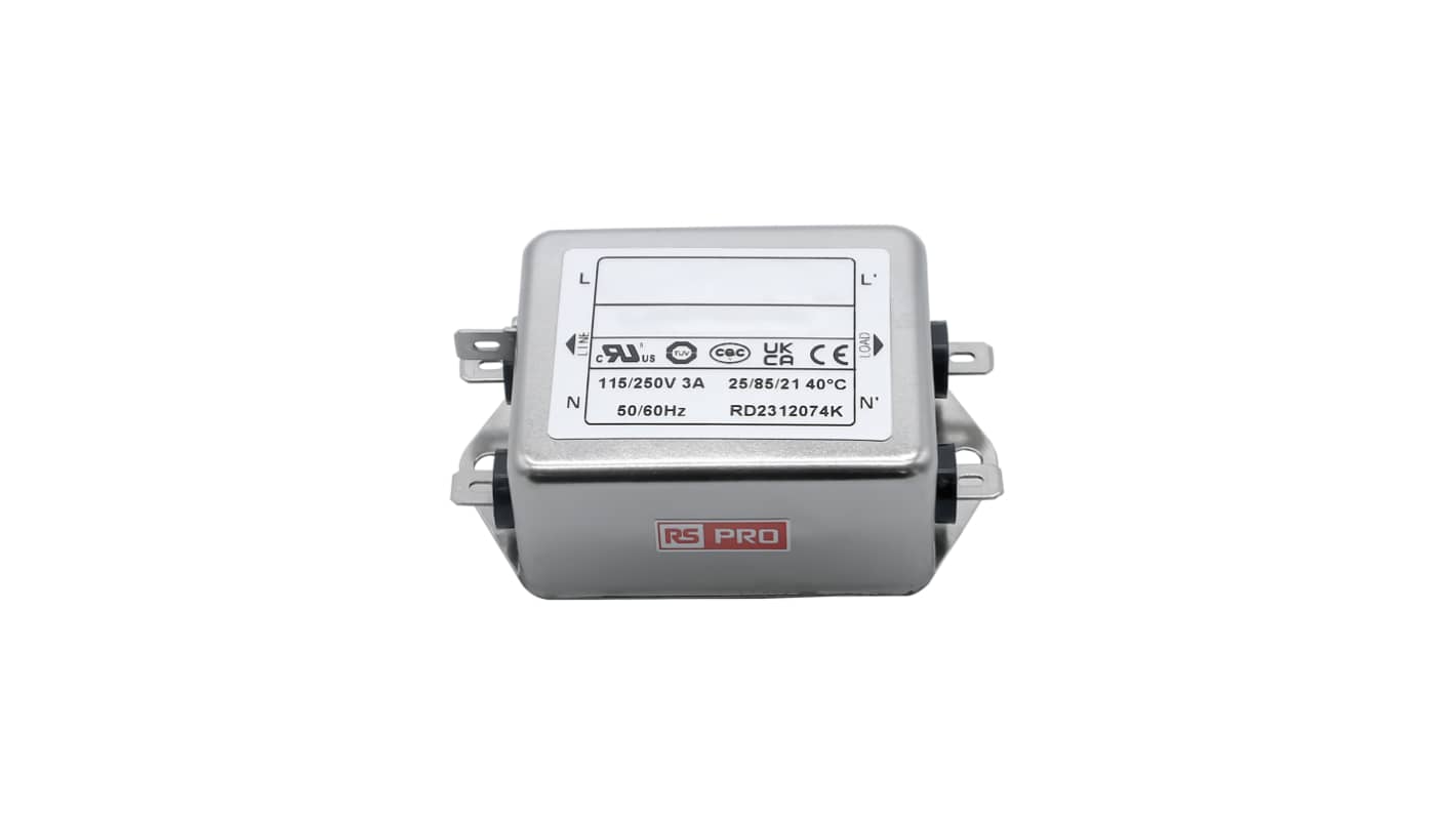 RS PRO 3A 115/250 V ac 50 → 60Hz, Chassis Mount Power Line Filter, Fast-On, Single Phase