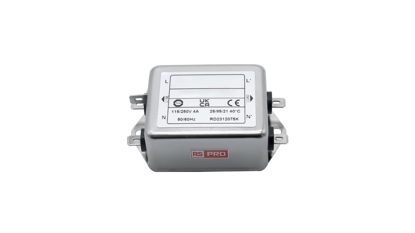 RS PRO 4A 115/250 V ac 50 → 60Hz, Chassis Mount Power Line Filter, Fast-On, Single Phase