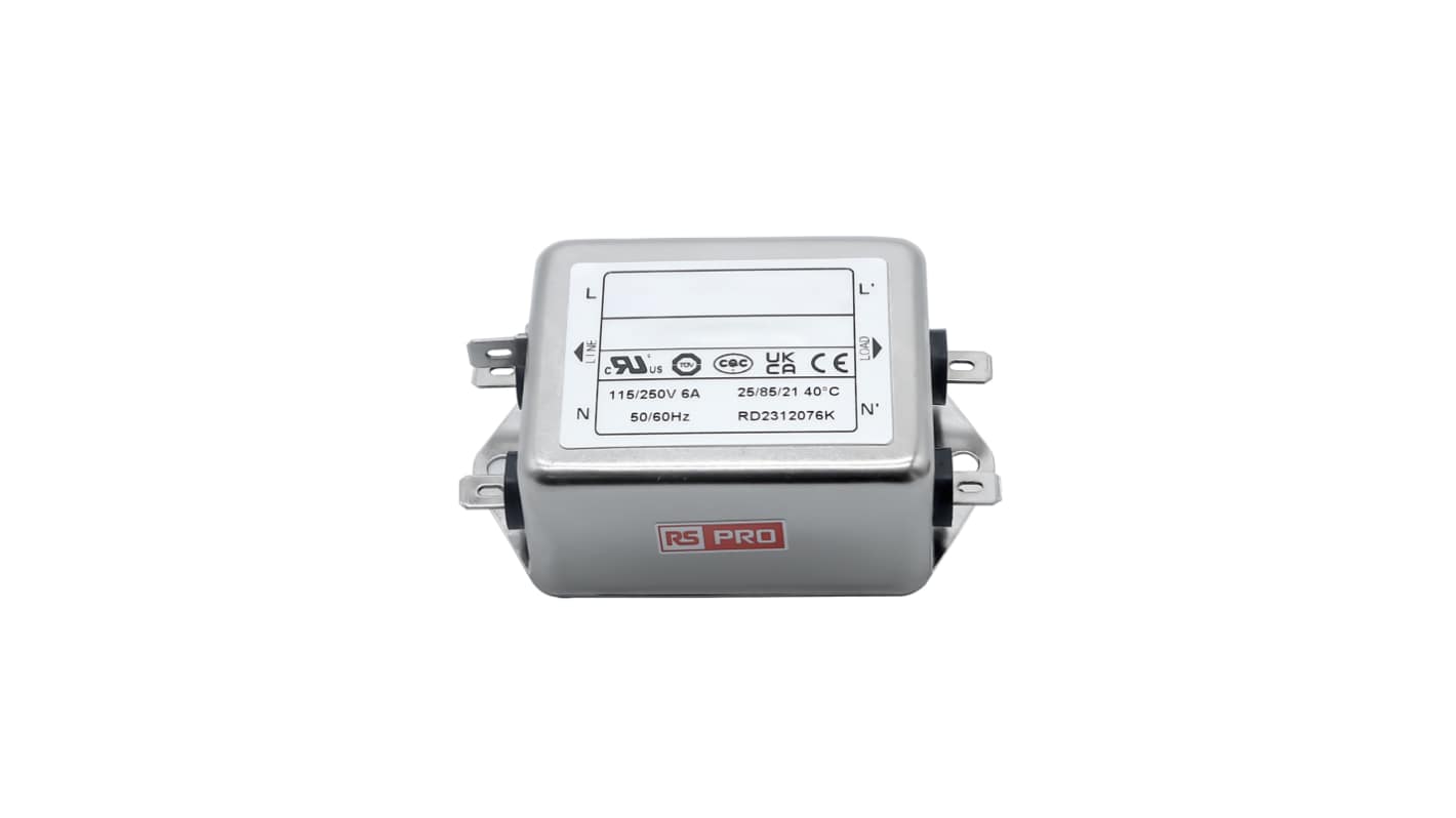 RS PRO 6A 115/250 V ac 50 → 60Hz, Chassis Mount Power Line Filter, Fast-On, Single Phase