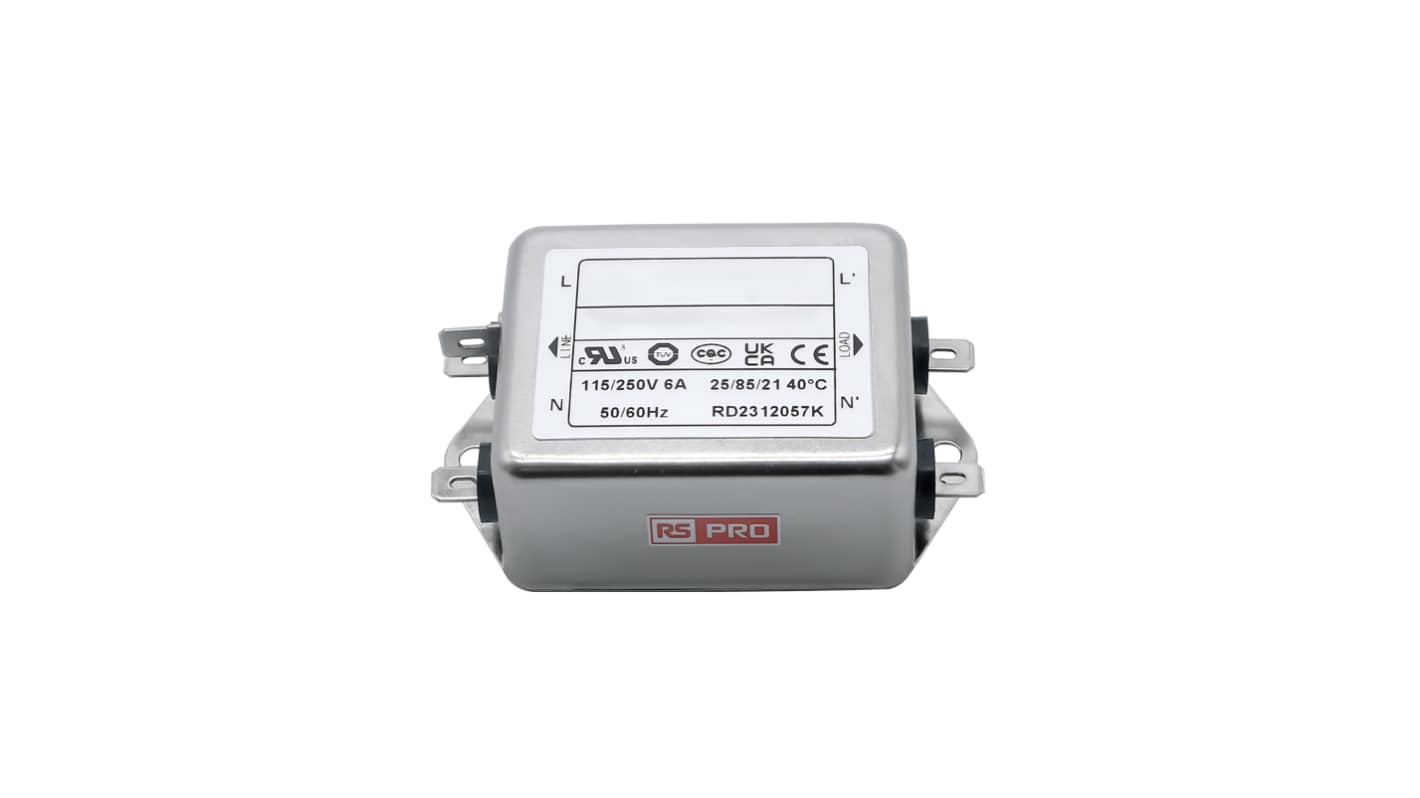 RS PRO 6A 115/250 V ac 50 → 60Hz, Chassis Mount Power Line Filter, Fast-On, Single Phase