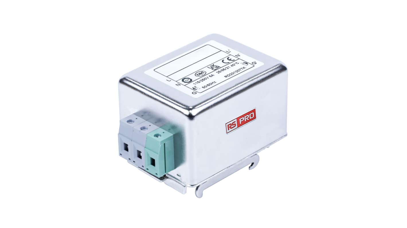 RS PRO 6A 115/250 V ac 50 → 60Hz, DIN Rail Power Line Filter, Terminal Block, Single Phase