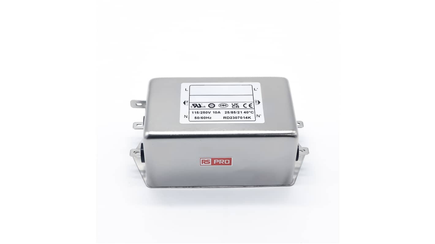 RS PRO 10A 115/250 V ac 50 → 60Hz, Chassis Mount Power Line Filter, Fast-On, Single Phase