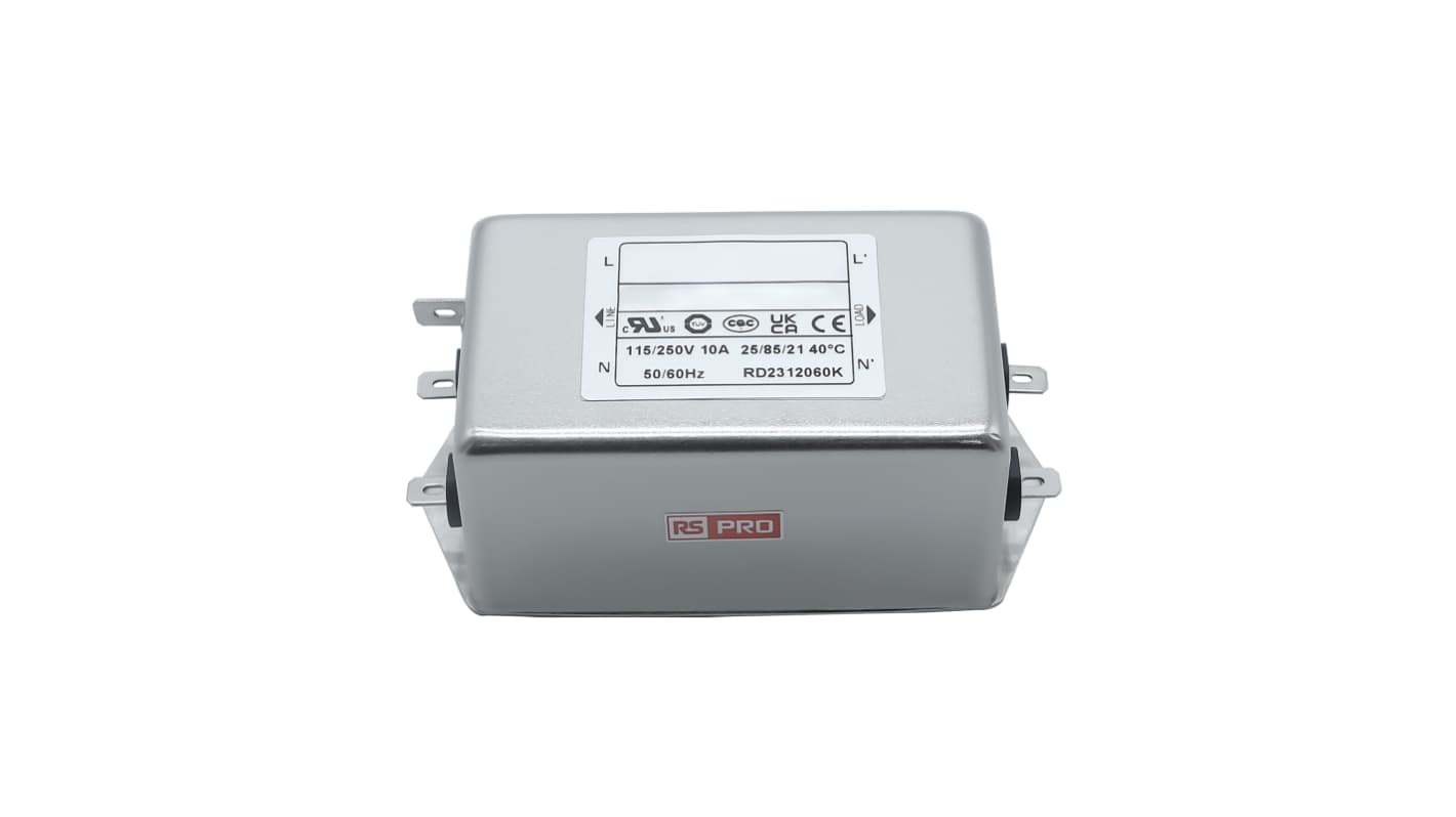 RS PRO EMIフィルタ,電源ラインフィルタ,ノイズフィルタ, 10A, 115 / 250 V ac, 1.相 シャーシーマウント