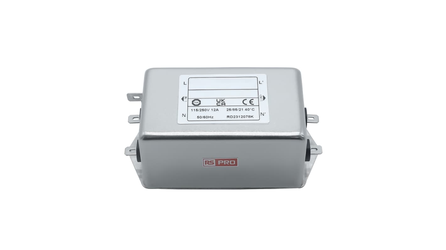RS PRO 12A 115/250 V ac 50 → 60Hz, Chassis Mount Power Line Filter, Fast-On, Single Phase