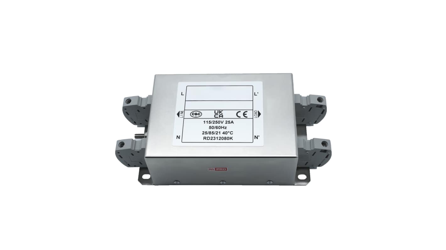 RS PRO 25A 115/250 V ac 50 → 60Hz, Chassis Mount Power Line Filter, Terminal Block, Single Phase