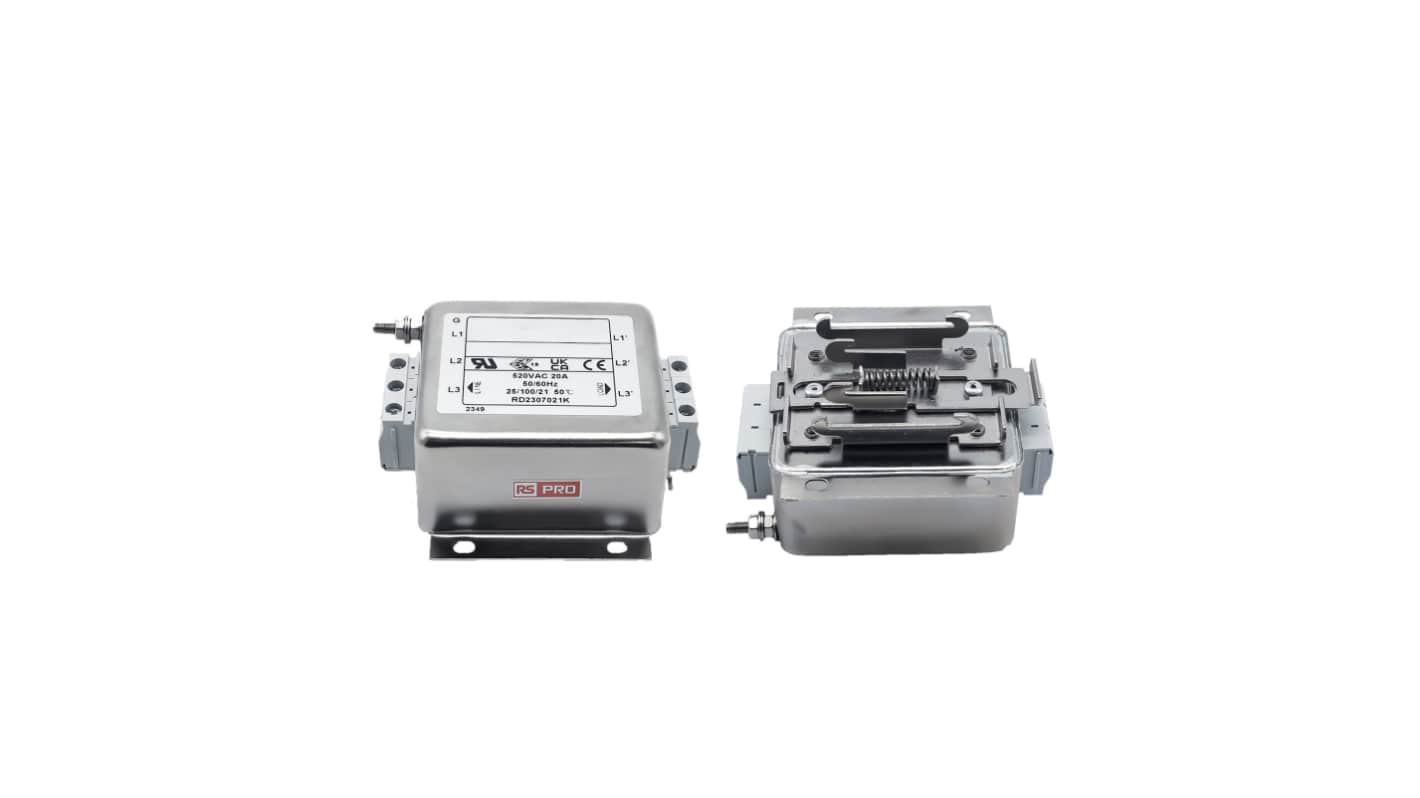 RS PRO 20A 300/520 V ac 50 → 60Hz, DIN Rail Power Line Filter, Terminal Block 3 Phase