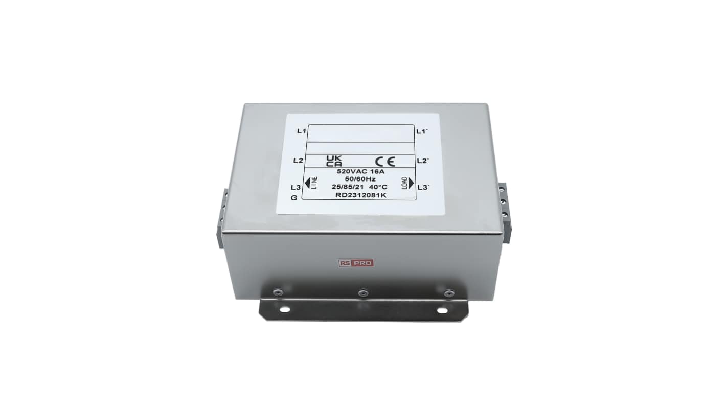 RS PRO EMIフィルタ,電源ラインフィルタ,ノイズフィルタ, 16A, 300/520 V ac, 3相 シャーシーマウント