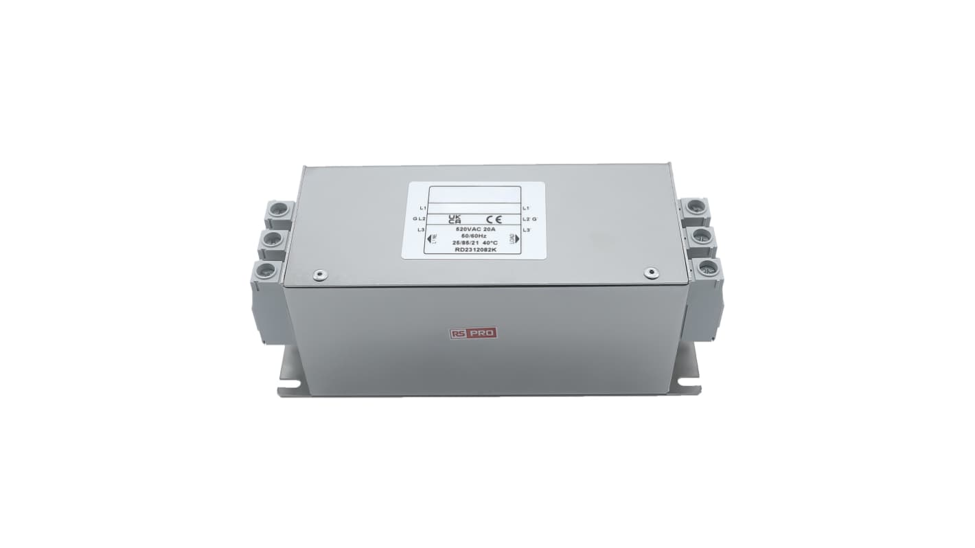 RS PRO 25A 300/520 V ac 50 → 60Hz, Chassis Mount Power Line Filter, Terminal Block 3 Phase