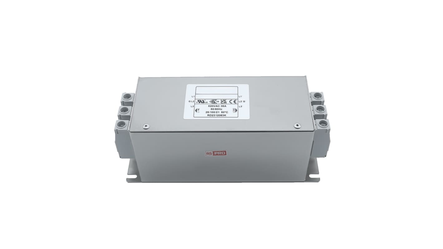 RS PRO EMIフィルタ,電源ラインフィルタ,ノイズフィルタ, 25A, 300/520 V ac, 3相 シャーシーマウント