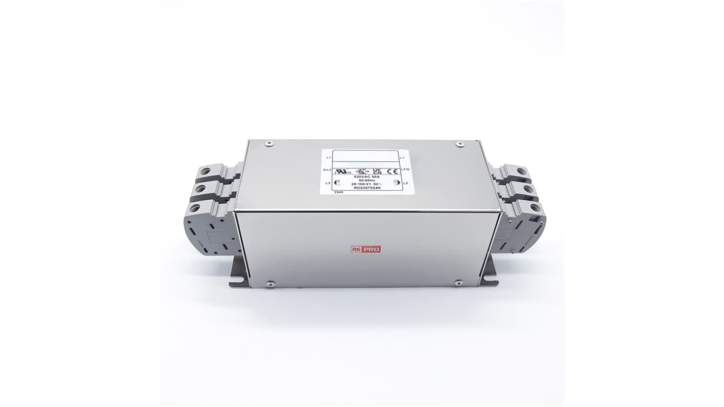 RS PRO 50A 300/520 V ac 50 → 60Hz, Chassis Mount Power Line Filter, Terminal Block 3 Phase