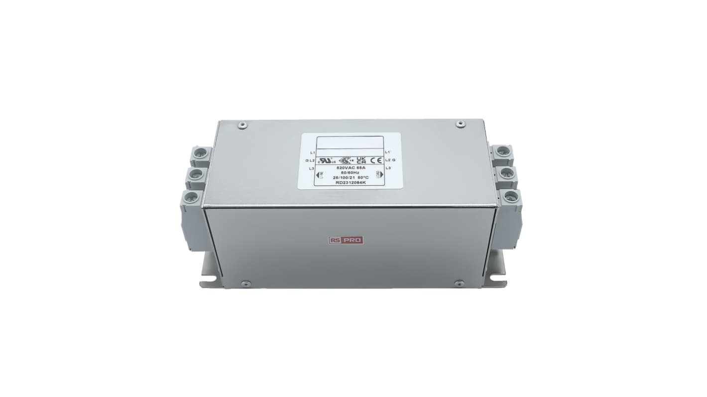 RS PRO EMIフィルタ,電源ラインフィルタ,ノイズフィルタ, 65A, 300/520 V ac, 3相 シャーシーマウント