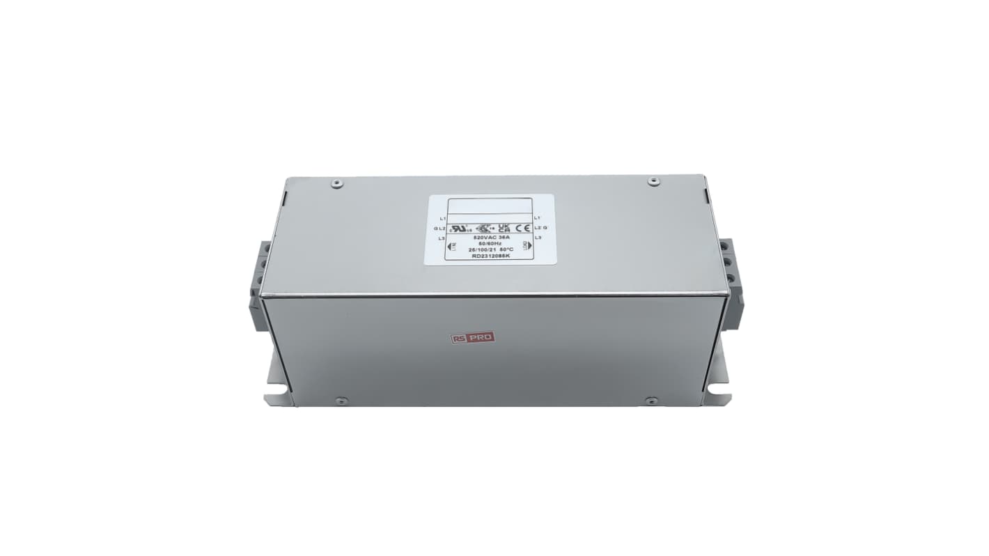 RS PRO 36A 300/520 V ac 50 → 60Hz, Chassis Mount Power Line Filter, Terminal Block 3 Phase