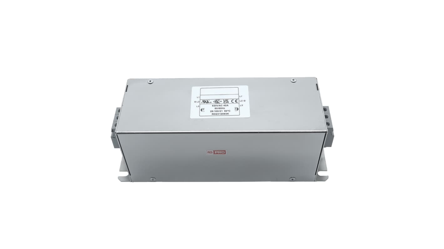 RS PRO EMIフィルタ,電源ラインフィルタ,ノイズフィルタ, 42A, 300/520 V ac, 3相 シャーシーマウント
