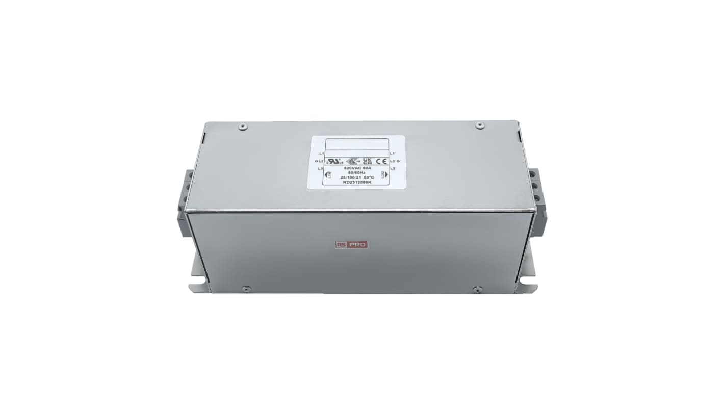 RS PRO 50A 300/520 V ac 50 → 60Hz, Chassis Mount Power Line Filter, Terminal Block 3 Phase