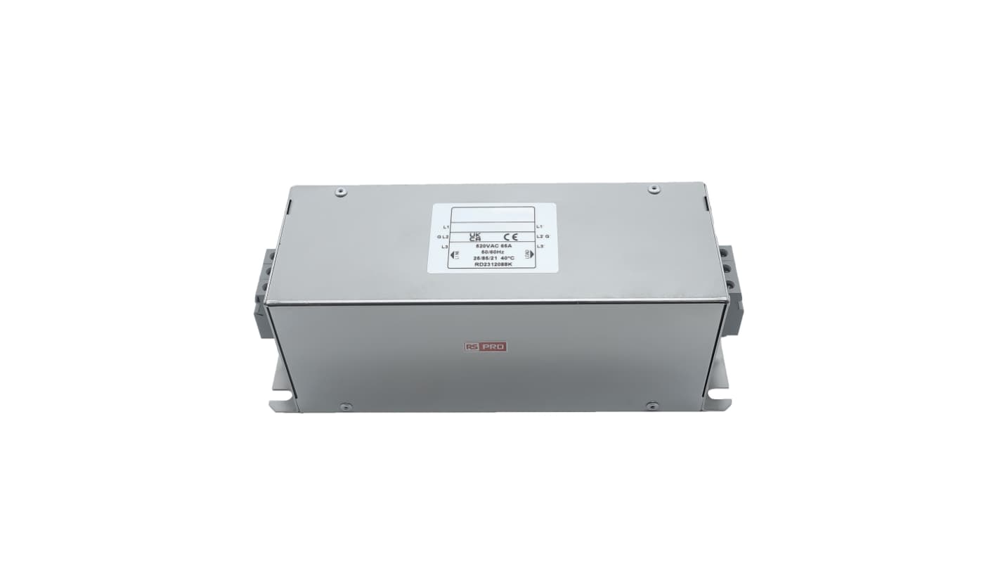RS PRO 65A 300/520 V ac 50 → 60Hz, Chassis Mount Power Line Filter, Terminal Block 3 Phase