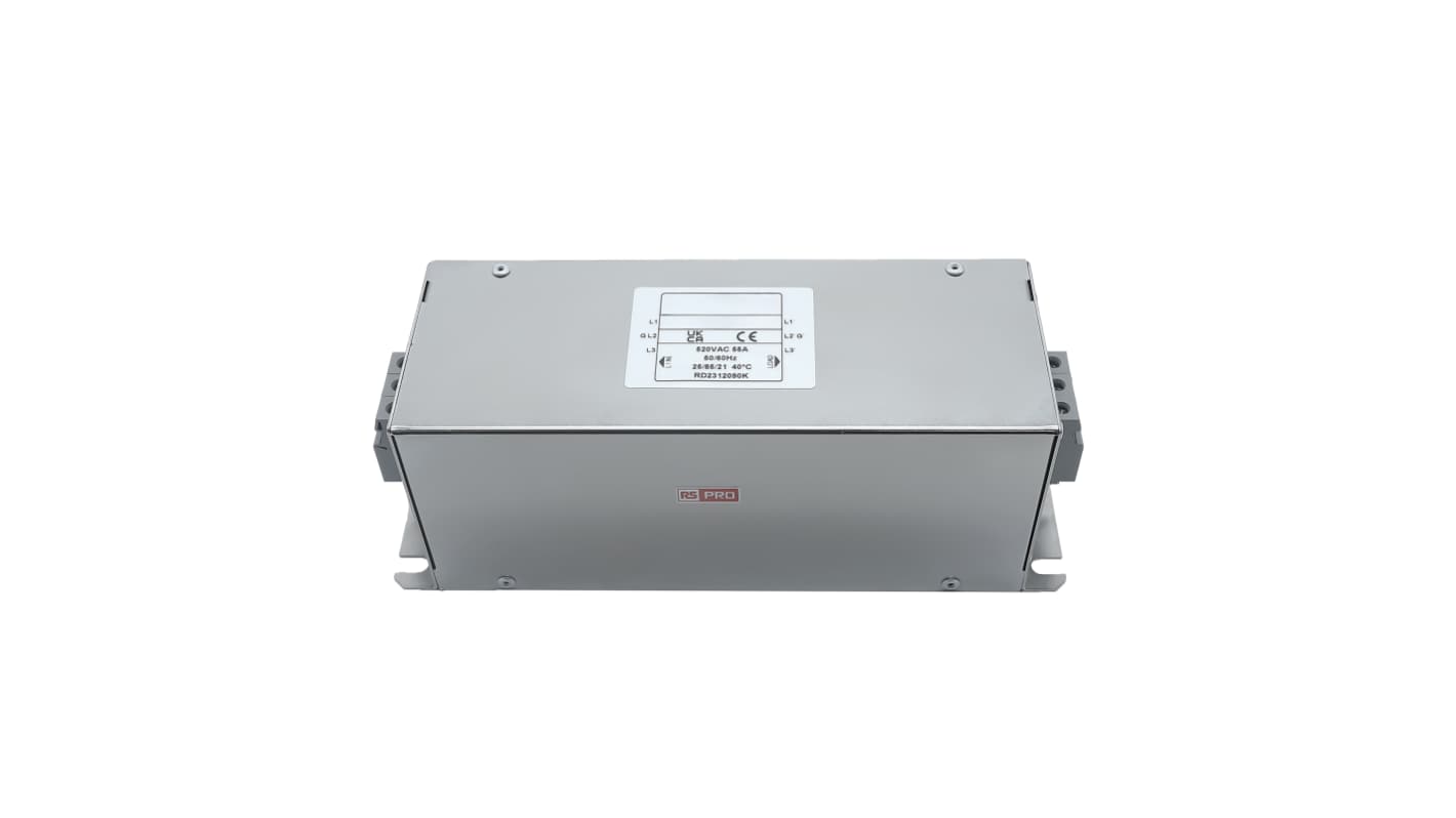 RS PRO EMIフィルタ,電源ラインフィルタ,ノイズフィルタ, 80A, 300/520 V ac, 3相 シャーシーマウント