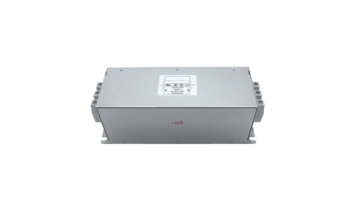 RS PRO EMIフィルタ,電源ラインフィルタ,ノイズフィルタ, 100A, 300/520 V ac, 3相 シャーシーマウント