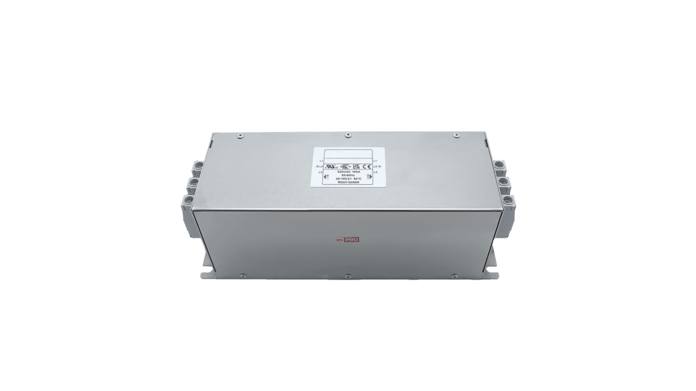 RS PRO 100A 300/520 V ac 50 → 60Hz, Chassis Mount Power Line Filter, Terminal Block 3 Phase