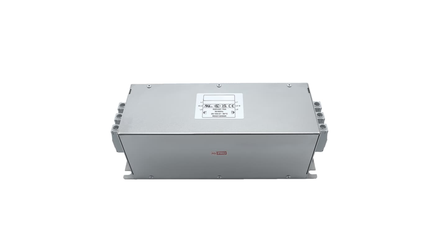 RS PRO 75A 300/520 V ac 50 → 60Hz, Chassis Mount Power Line Filter, Terminal Block 3 Phase
