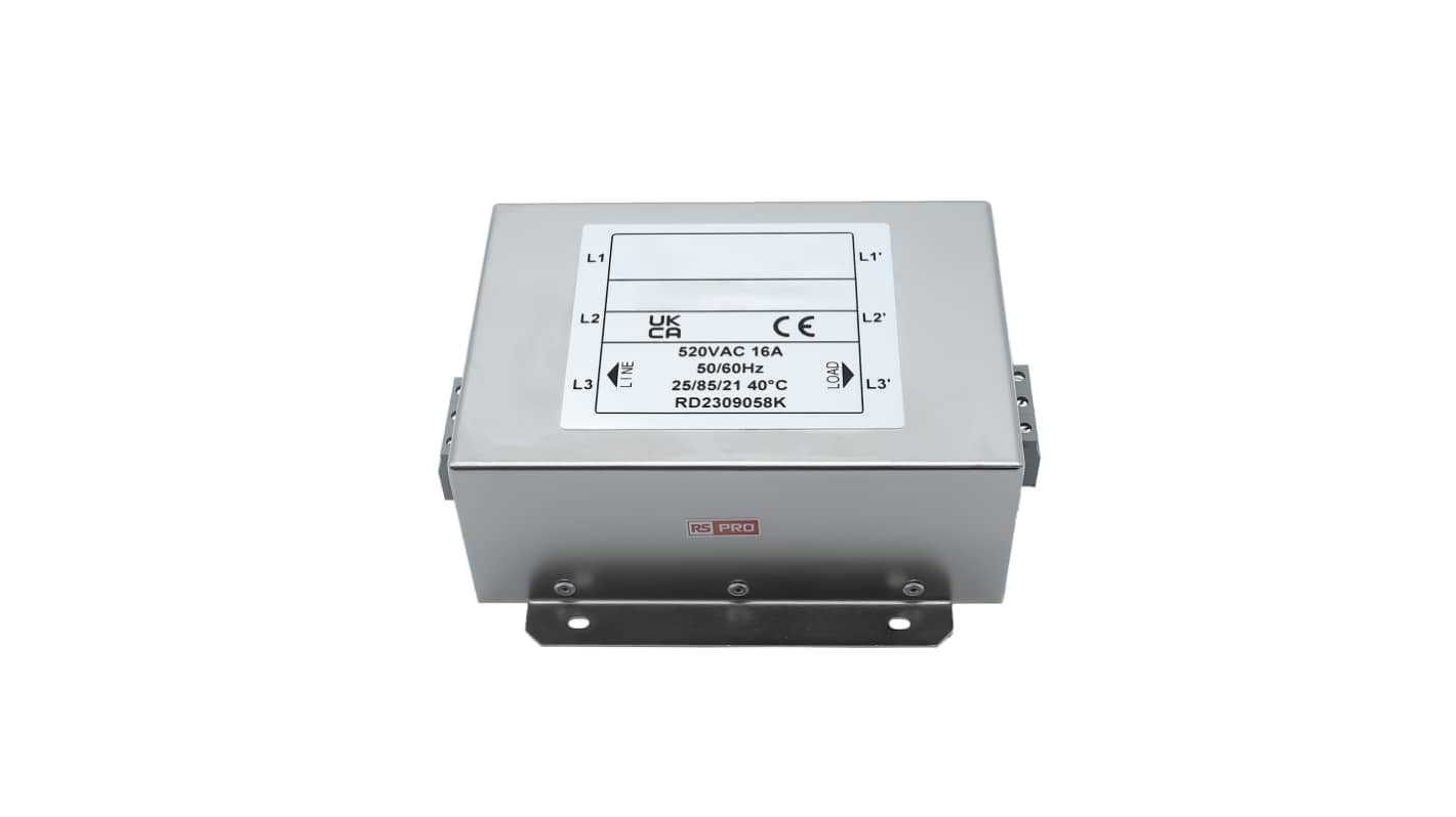 RS PRO 16A 300/520 V ac 50 → 60Hz, Chassis Mount Power Line Filter, Terminal Block 3 Phase