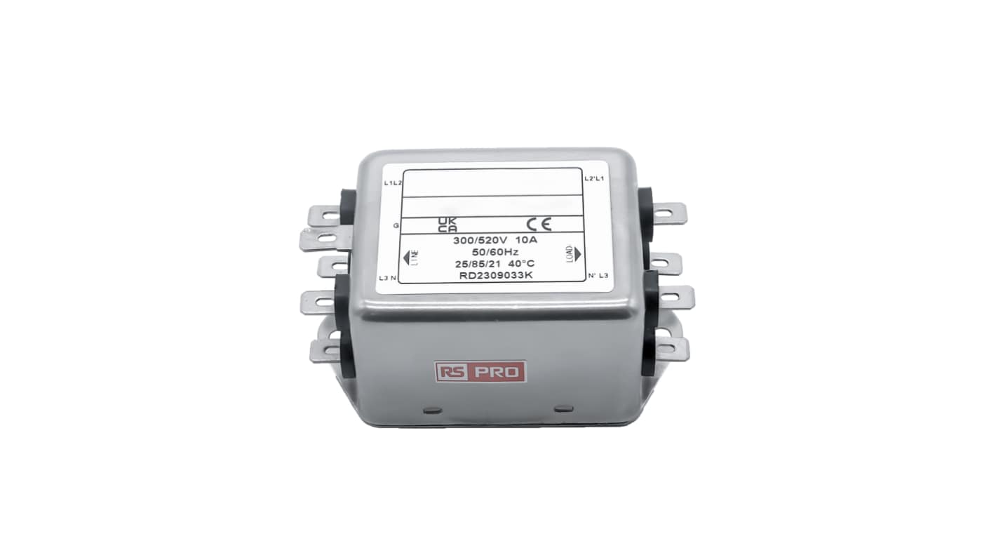 RS PRO 三相电源滤波器, 10A, 300/520 V 交流, 50 → 60Hz, 底盘安装, Fast-On接端, 一阶