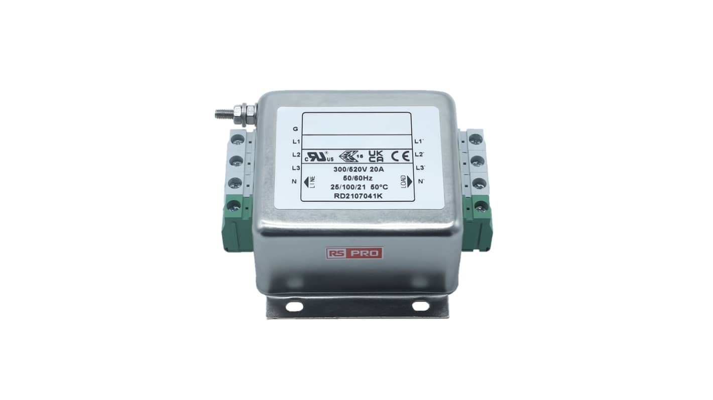 RS PRO 20A 300/520 V ac 50 → 60Hz, DIN Rail Power Line Filter, Terminal Block 3 Phase