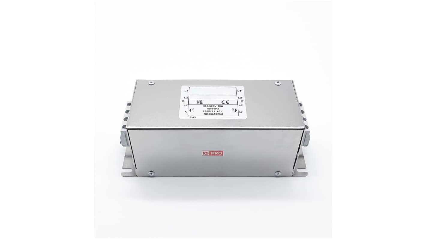 RS PRO EMIフィルタ,電源ラインフィルタ,ノイズフィルタ, 16A, 300/520 V ac, 3相 シャーシーマウント