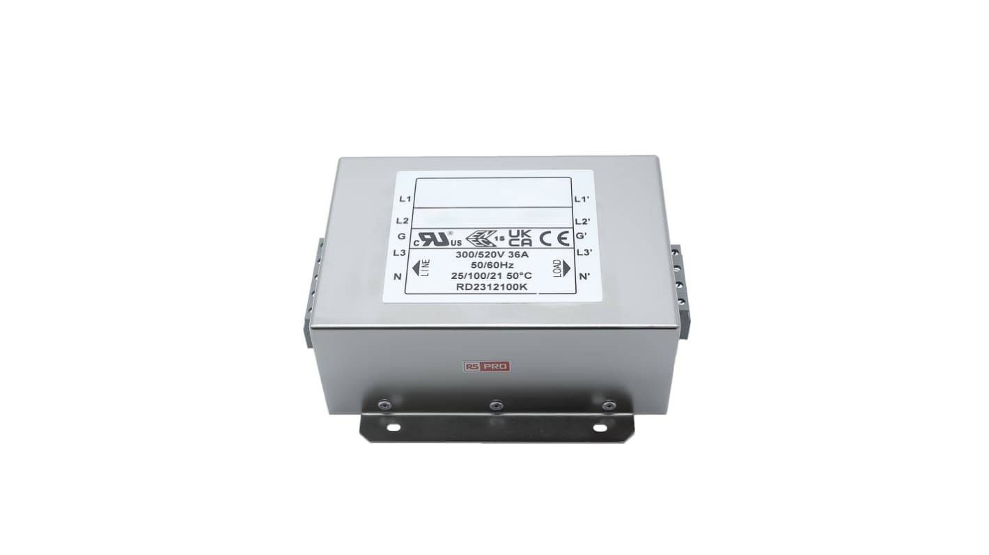 RS PRO 36A 300/520 V ac 50 → 60Hz, Chassis Mount Power Line Filter, Terminal Block 3 Phase