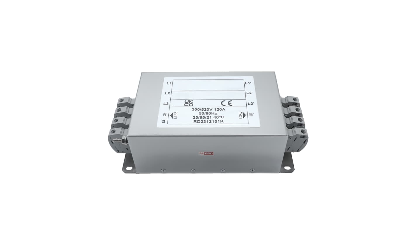 RS PRO 120A 300/520 V ac 50 → 60Hz, Chassis Mount Power Line Filter, Terminal Block 3 Phase
