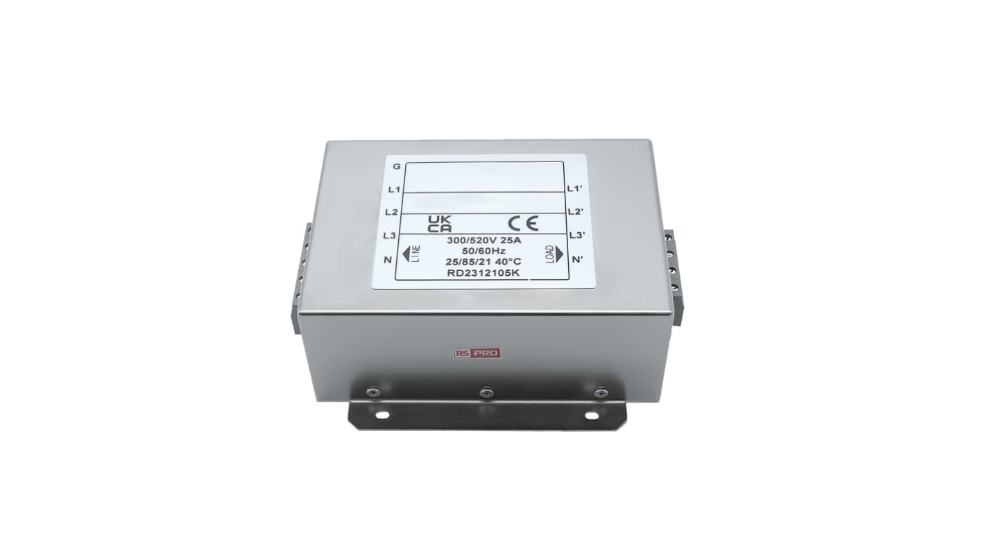 RS PRO 25A 300/520 V ac 50 → 60Hz, Chassis Mount Power Line Filter, Terminal Block 3 Phase