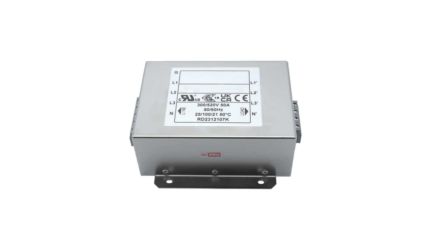 RS PRO 三相电源滤波器, 50A, 300/520 V 交流, 50 → 60Hz, 底盘安装, 端子排接端, 一阶