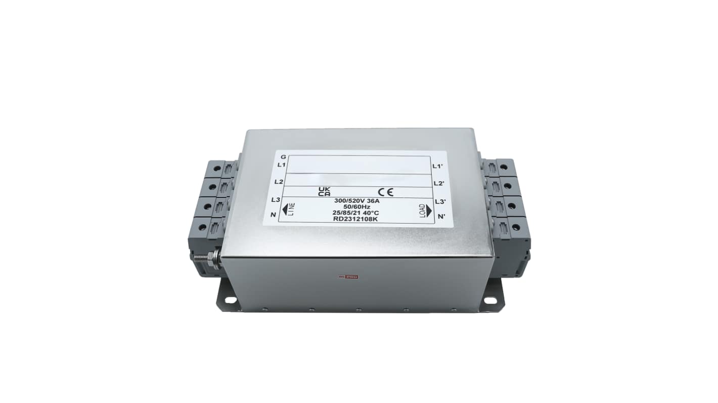 RS PRO EMIフィルタ,電源ラインフィルタ,ノイズフィルタ, 36A, 300/520 V ac, 3相 シャーシーマウント