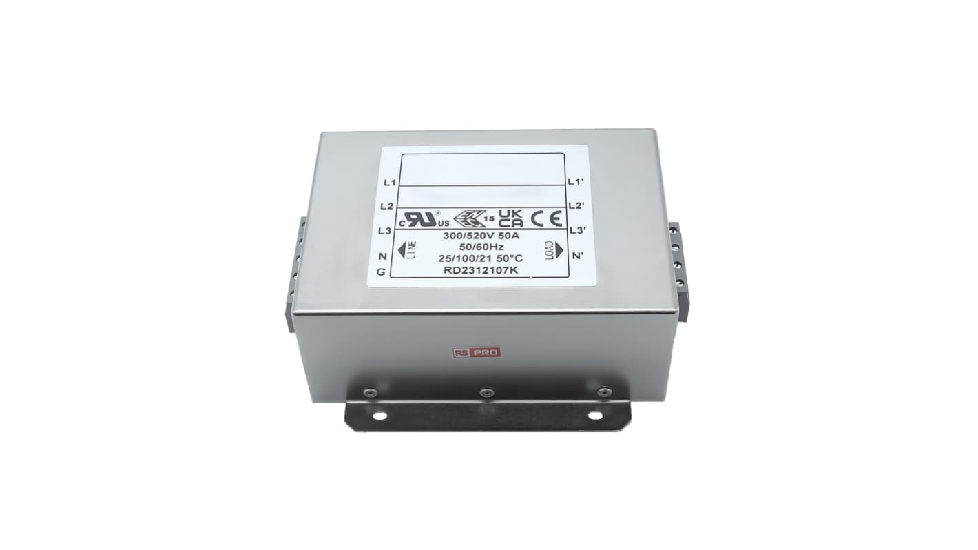 RS PRO EMIフィルタ,電源ラインフィルタ,ノイズフィルタ, 16A, 300/520 V ac, 3相 シャーシーマウント