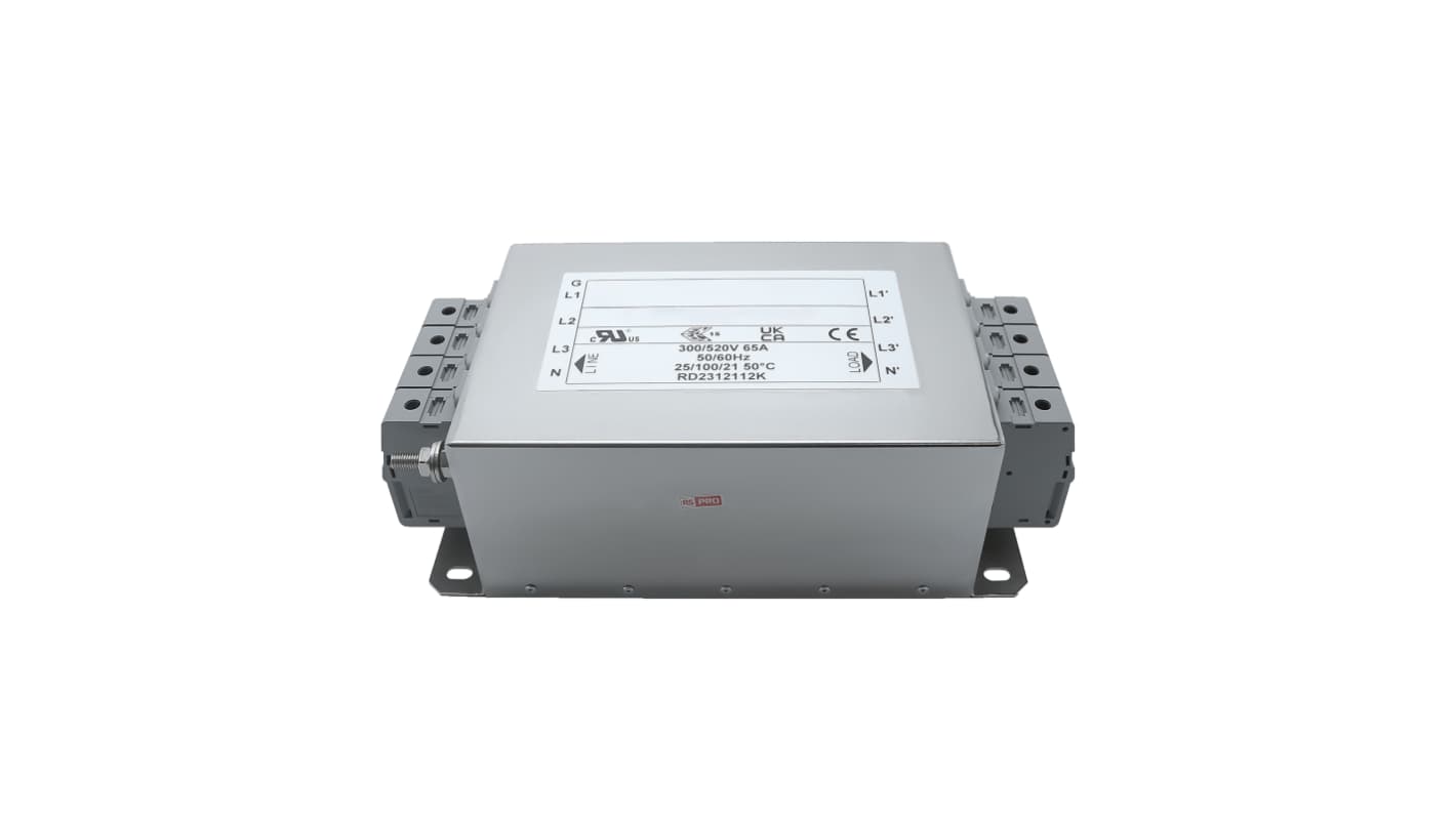 RS PRO 65A 300/520 V ac 50 → 60Hz, Chassis Mount Power Line Filter, Terminal Block 3 Phase