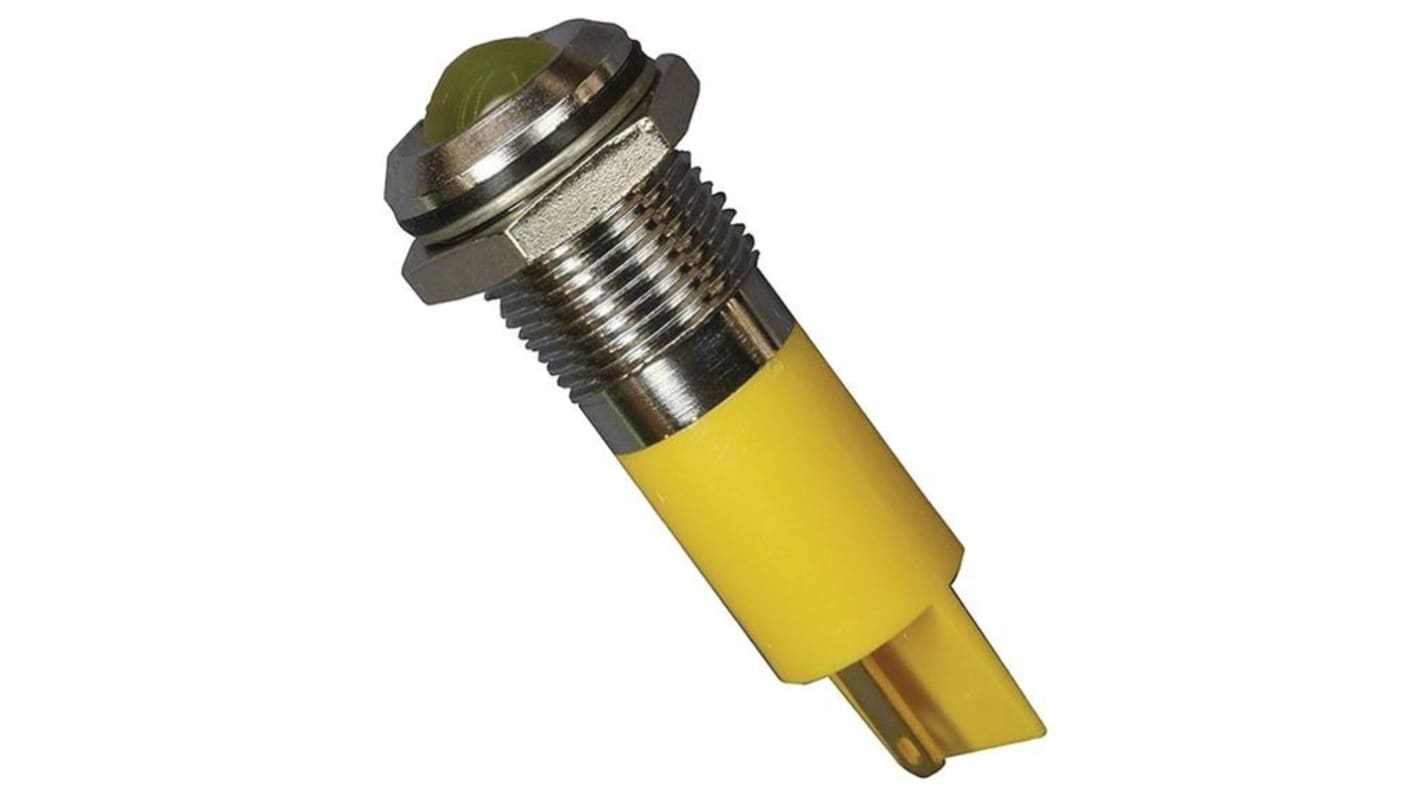 Q14 Series Yellow Panel Mount Indicator, 12V dc, 14mm Mounting Hole Size, Faston, Solder Lug Termination, IP67