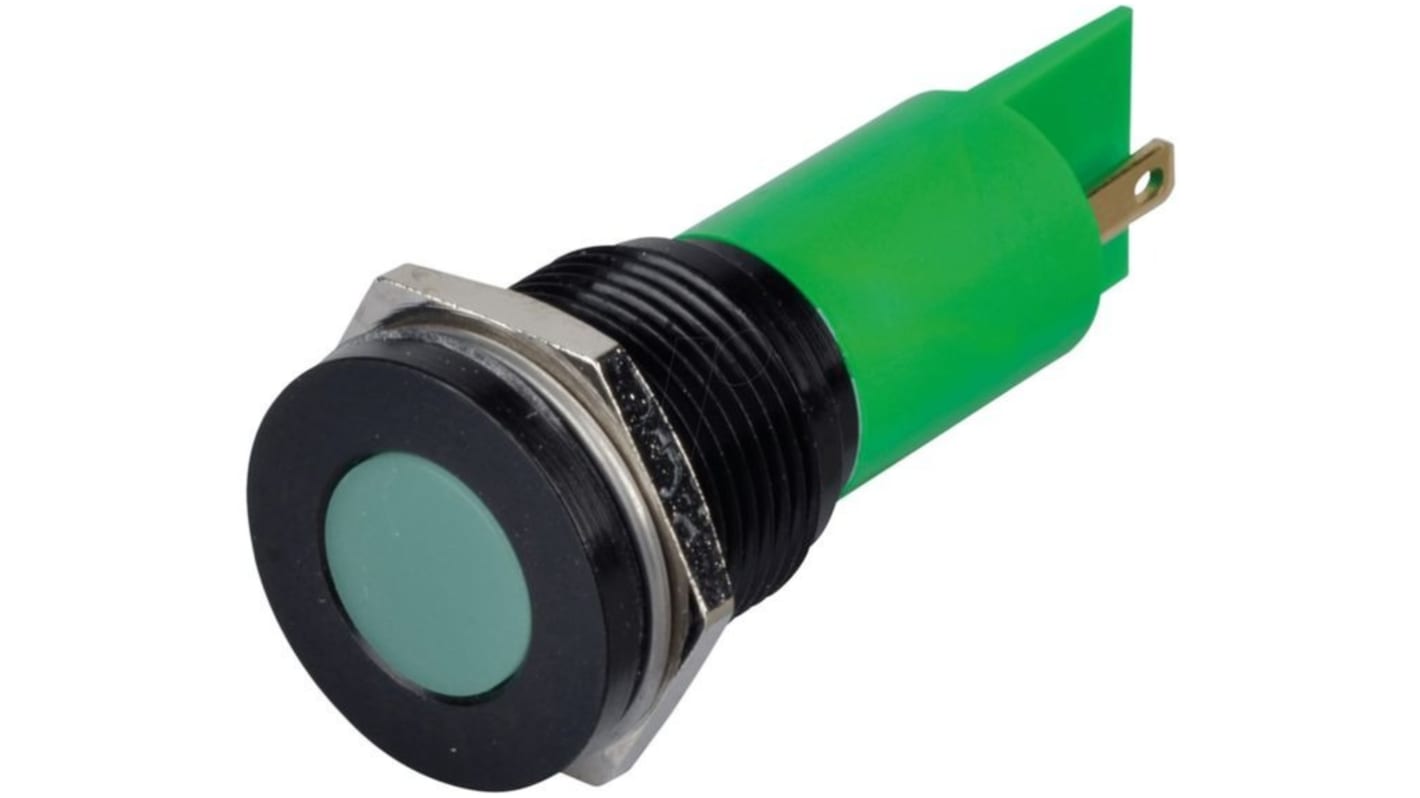 Q16 Series Green Panel Mount Indicator, 24V dc, 16mm Mounting Hole Size, Faston, Solder Lug Termination, IP67