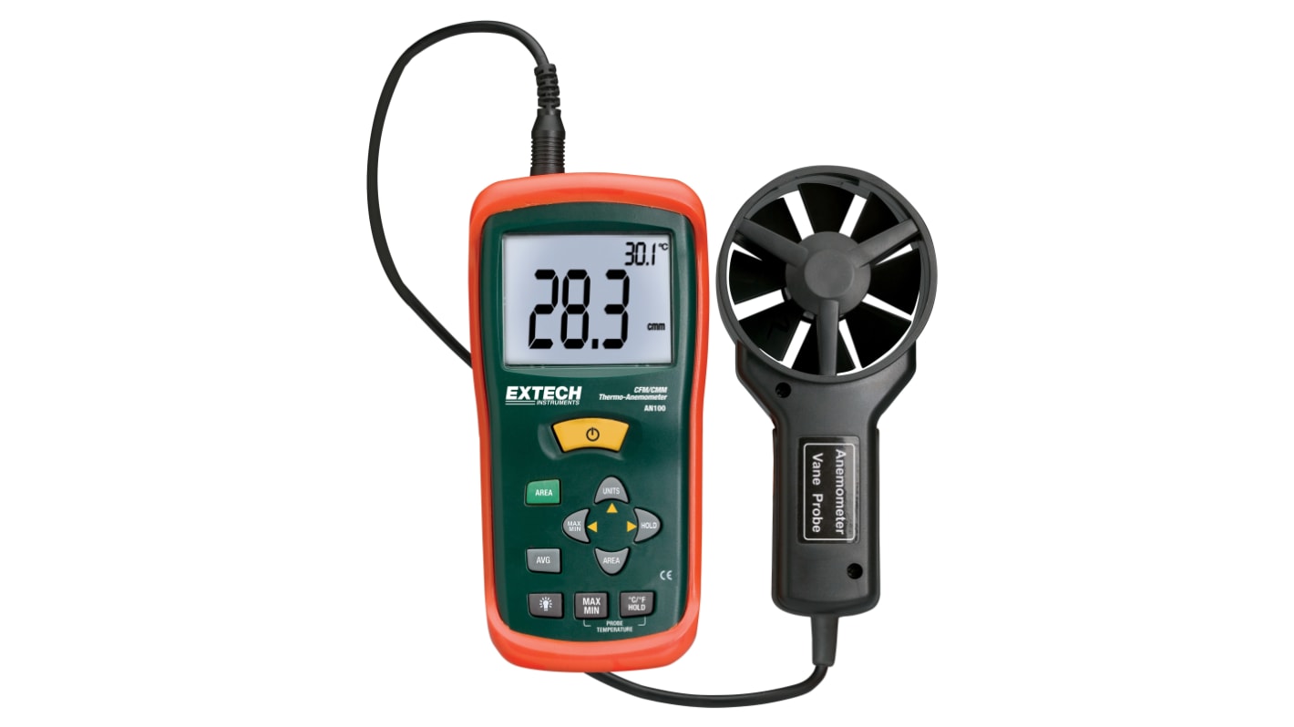 Extech AN100 Anemometer, 0.40 → 30.00m/s Max, Measures Air Flow, Air Velocity, Temperature
