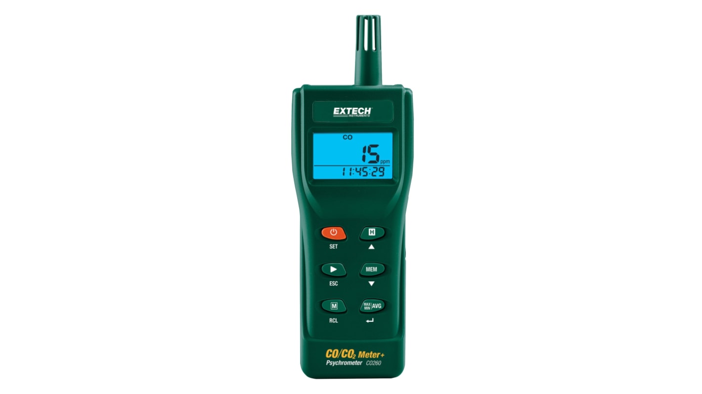 Extech CO260 Data Logging Air Quality Meter for Dew Point, Humidity, Temperature, +60°C Max, 99.9%RH Max,