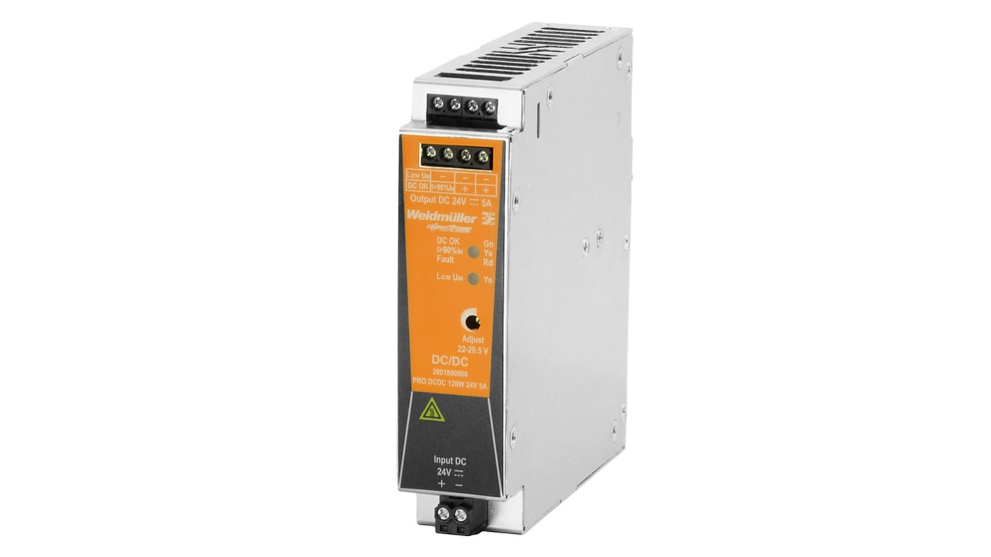 Weidmüller DC-DC Converter, 29.5V dc/ 5A Output, 14 → 32 V dc Input, 120W, DIN Rail, +70°C Max Temp -25°C Min